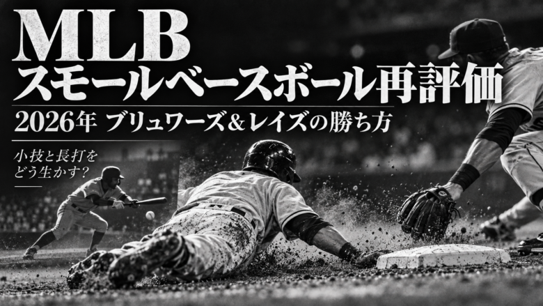 2026年MLBのスモールベースボール再評価をテーマに、走者のスライディングとバントする打者を描いた白黒のイメージ画像