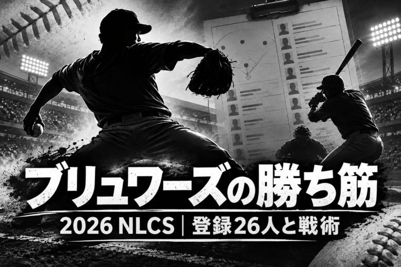 ブリュワーズの2026年NLCS登録26人と戦術を表す、投手と打者のモノトーンイラスト