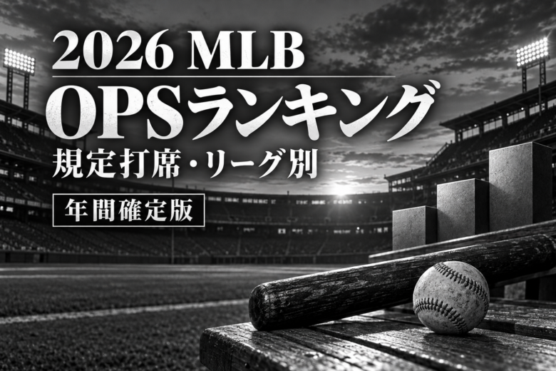 2026年MLBの規定打席・リーグ別OPSランキング年間確定版を示すモノトーンの球場とボール
