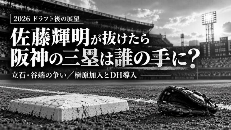 三塁ベースを背景に佐藤輝明移籍後の阪神のレギュラー争いを表現するモノトーン画像