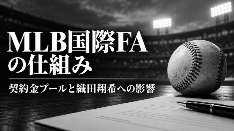 ボールと契約書を背景にMLB国際FAの仕組みと織田翔希への影響を示すモノトーンの画像