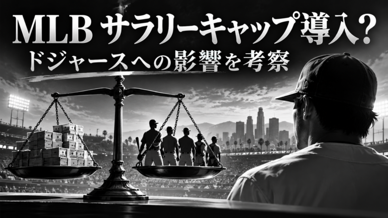 MLBのサラリーキャップ導入議論とドジャースへの影響を表現した白黒の野球場と天秤